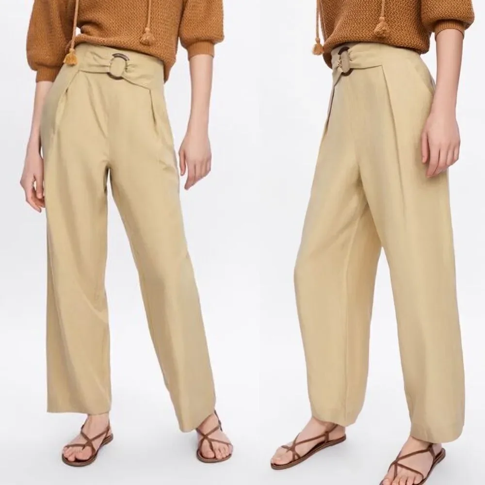 ZARA High Waisted Linen Wide Leg Pants Camel Tan M